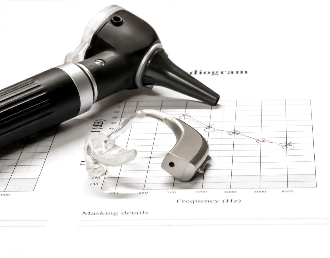 Otoscope and behind the ear hearing aid being displayed on an audiogram. This is used by a pediatric audiologist.