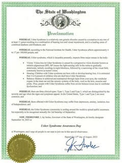 Washington State Usher Syndrome Awareness Day Proclamation signed by Governor Inslee.
