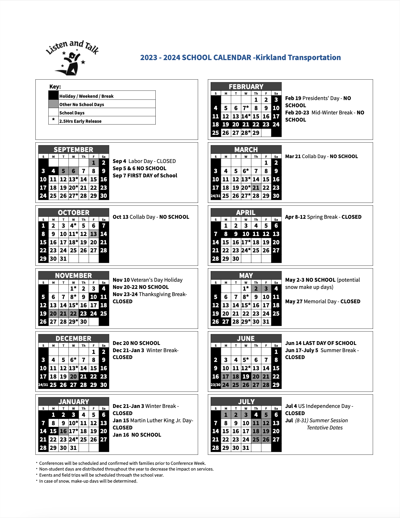 Program Calendars Listen and Talk